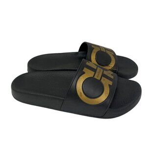 Salvatore Ferragamo Logo Slides Size 6 Designer Sandals Black Gold